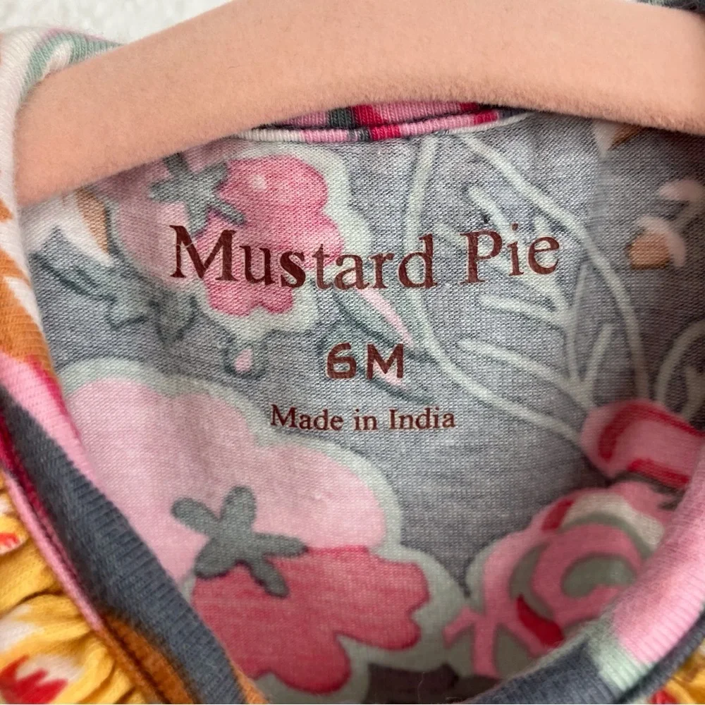 Mustard Pie ruffled footie sleeper gray w/ pink and yellow flower print 6 months